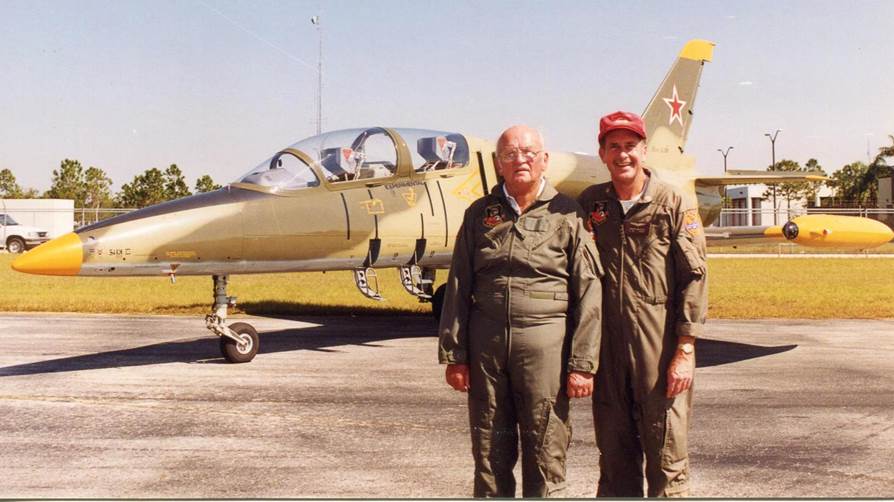 Holecek and Dobrovolny as they prepare to fly in Holecek's L-39 Fighter Jet