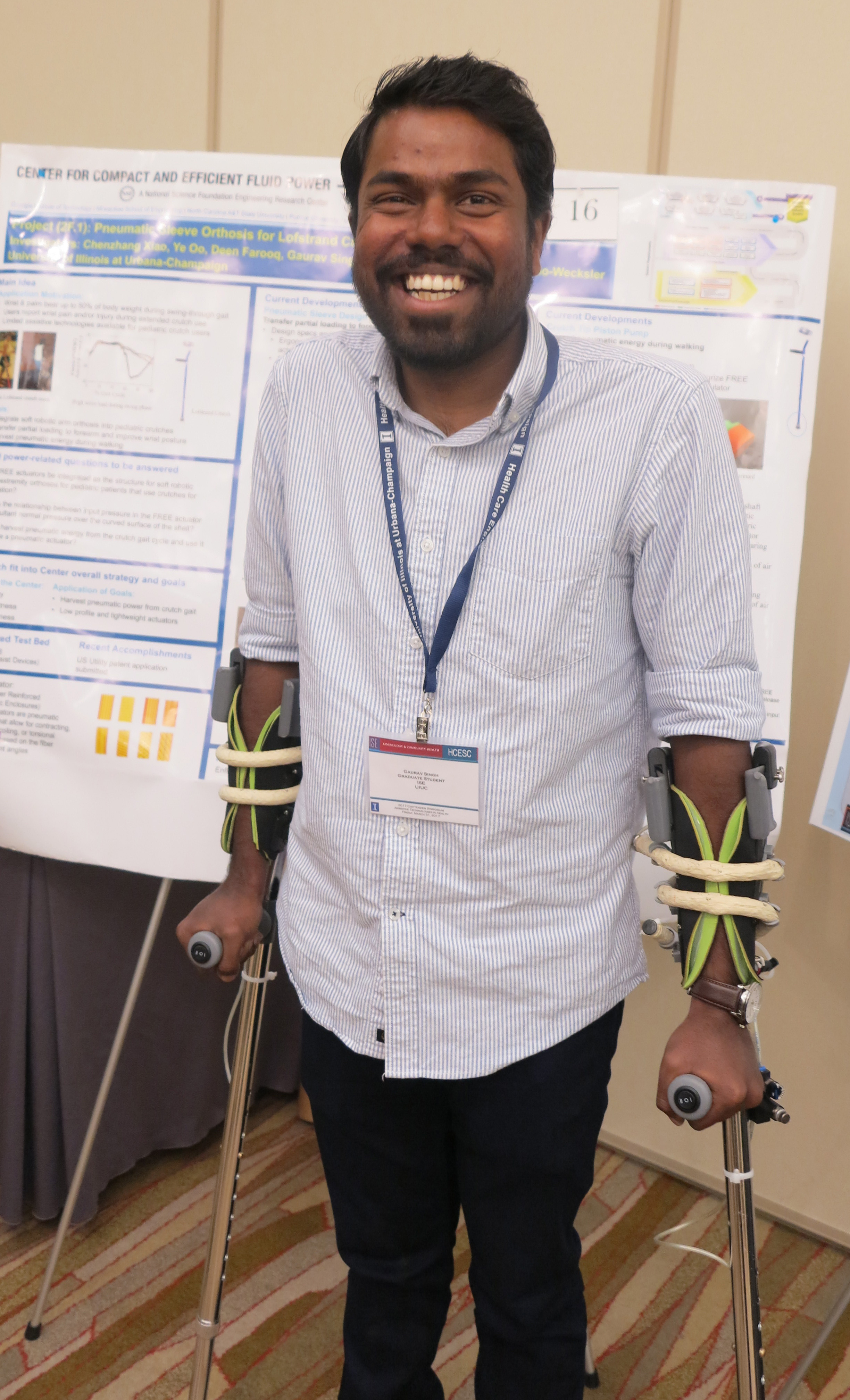 Graduate student Gaurav Singh presents flexible robotics crutch at the 2017 Chittenden Symposium: Assistive Technologies in Health.