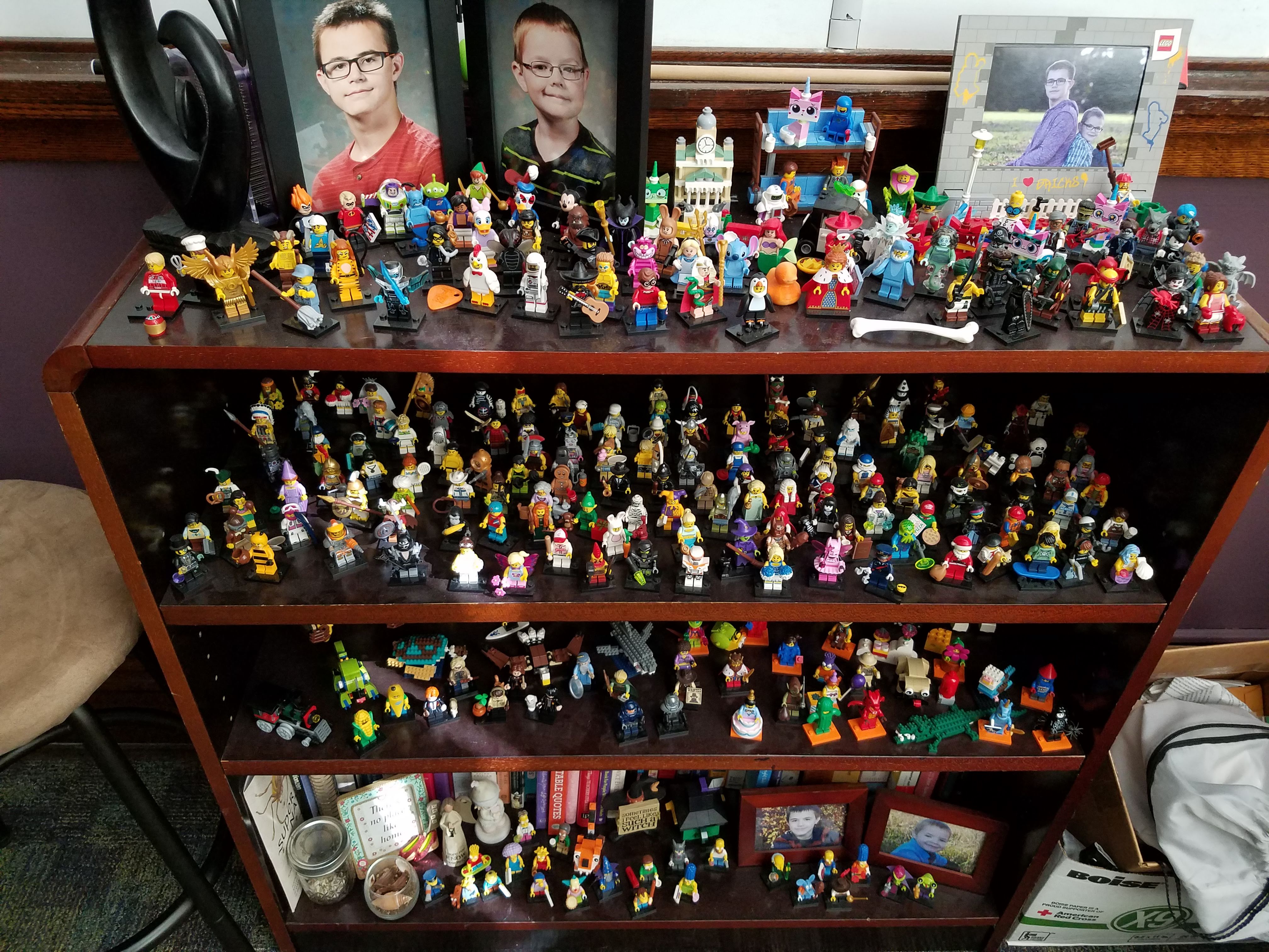 Some of Craddock's LEGO minifigure collection in her office.