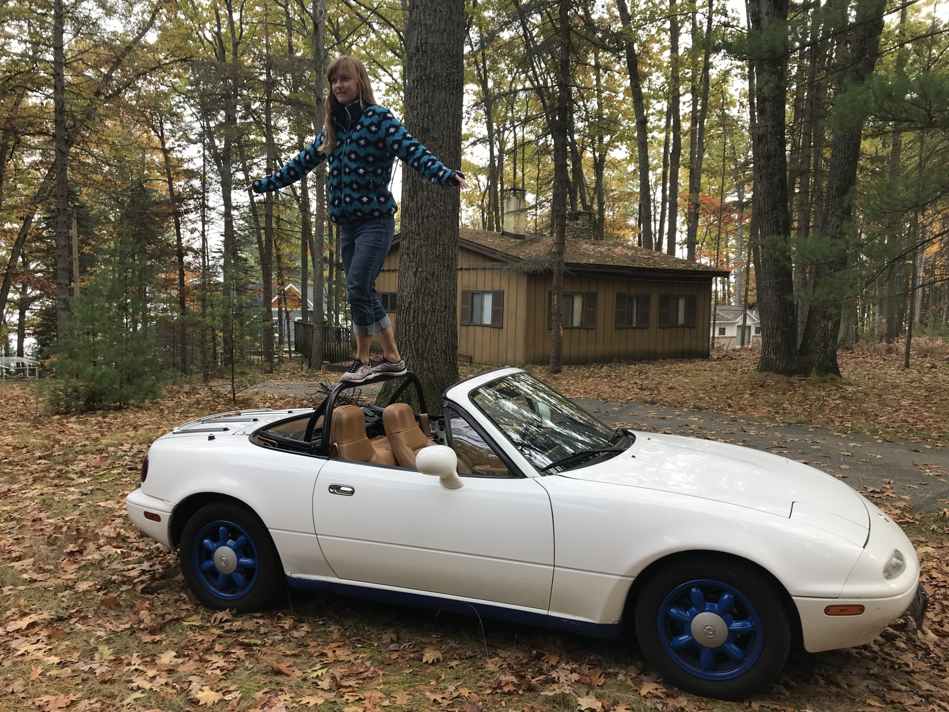 Taylor Tucker testing the strength of the newly-installed rollbar, because: safety.