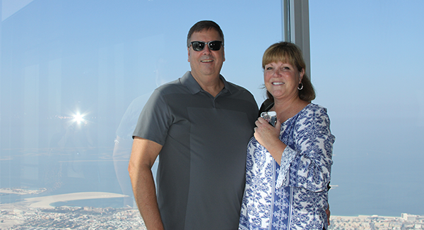 Rich and Peg Sykes on the observation deck of the Burj Khalifa in Dubai.
