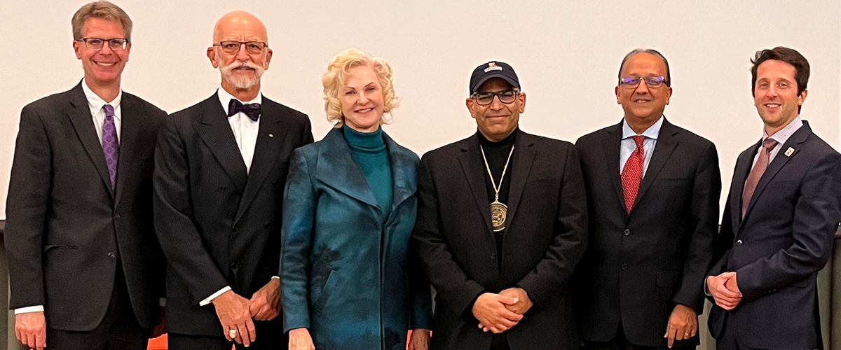 Jeff Shamma's Investiture (left to right): Interim Vice Chancellor for Academic Affairs and Provost&amp;amp;nbsp;Designate William Bernhard, James Dobrovolny, Janet Dobrovolny, Jeff Shamma, Dean of The Grainger College of Engineering Rashid Bashir, CSL Professor and Associate&amp;amp;nbsp;Dean&amp;amp;nbsp;for Undergraduate Programs&amp;amp;nbsp;Jonathan J&amp;amp;nbsp;Makela.