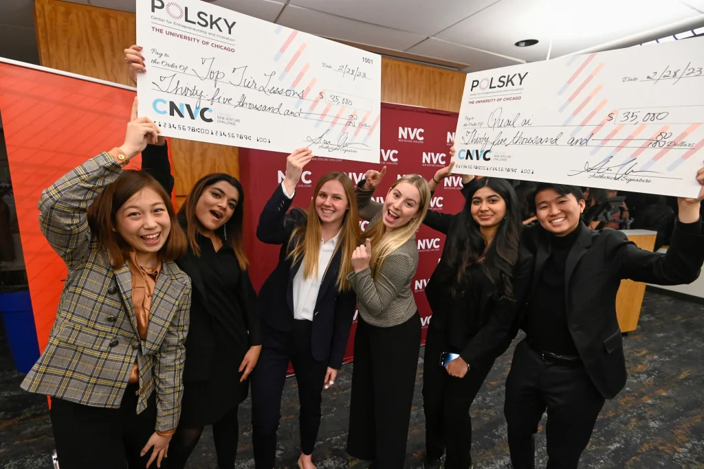 Top Tier Lessons with their fellow winners! Top Tier Lessons Team (L-R): Chaplin Huang (UChicago),&nbsp;Suhani Agarwal (UChicago), Cara Bognar (Founder, UIUC), Allison Landis (UIUC, Industrial Engineering). On the right is student start-up Quail